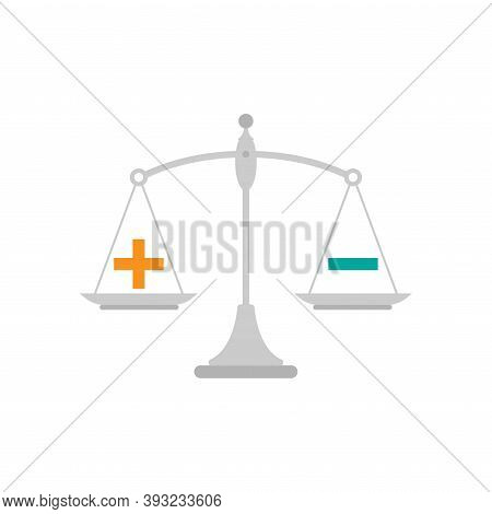 Black Mechanical Scales With Plus And Minus In Pans. Value, Solution And Rationality Balance.