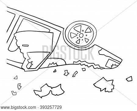 Wrecked Overturned Car After An Accident, Sketch. Car Accident Insurance Concept, Vector Illustratio