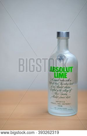 A Bottle Absolut Lime Vodka On The Table. Warsaw, Poland. 05.11.2020.