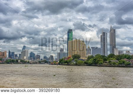 Bangkok.thailand - 20,08,2018 :bangkok City With Sunset Sky And Chao Praya River.bangkok Thailand