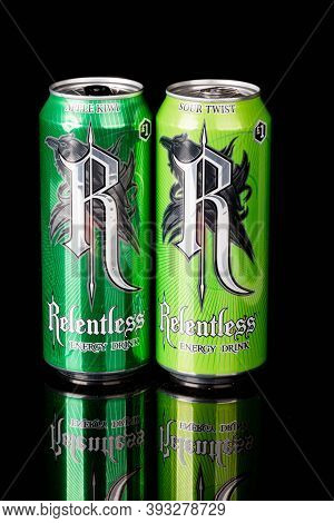 London, United Kingdom, 14th October 2020:- Cans Or Relentless Apple Kiwi & Sour Twist Energy Drinks
