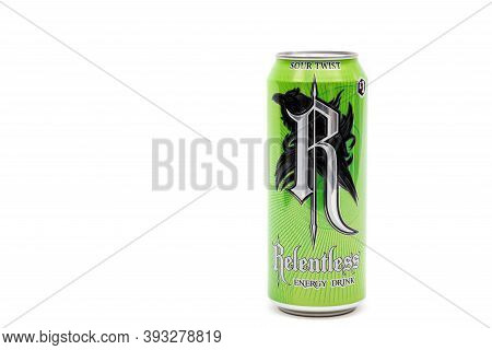 London, United Kingdom, 14th October 2020:- A Can Of Relentless Sour Twist Energy Drink Isolated On 