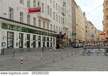 Vienna, Austria - July 12, 2015: Famous Plachutta Restaurant And Kabarett Simpl At Wollzeile Street 