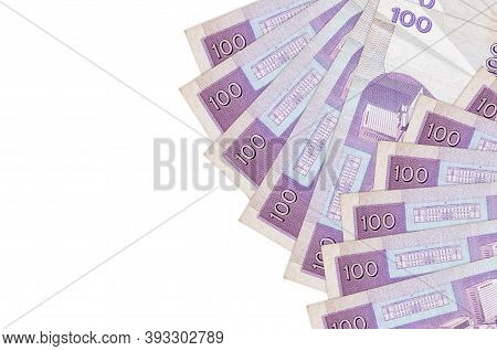 100 Philippine Piso Bills Lies Isolated On White Background With Copy Space. Rich Life Conceptual Ba