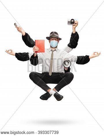 Handsome Journalist, Multi-armed Correspondent Levitating Isolated On Yellow Studio Background With 