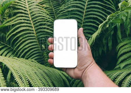 Close Up, Mock Up Smartphone In Hand. Against The Backdrop Of Greenery