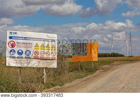Kovacica, Serbia - September 25, 2018: Wind Turbine Park Field Construction Site Near Pancevo, Serbi