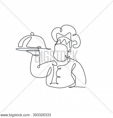 Single Continuous Line Drawing Of Stylized Man Chef Serving Food For Restaurant Logo Label. Food Caf