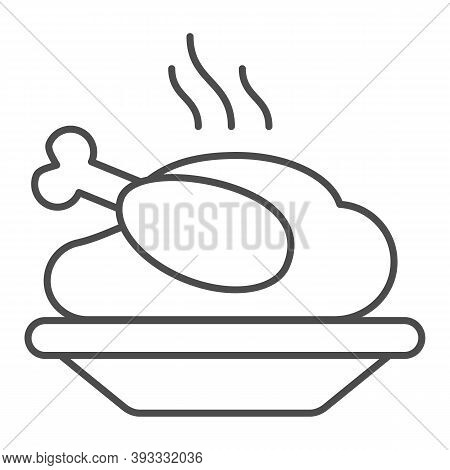 Grilled Chicken In Plate Thin Line Icon, Christmas Concept, Chicken Grill Sign On White Background, 