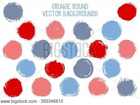 Vector Red Blue Grunge Circles Isolated. Vintage Post Stamp Texture Circle Scratched Label Backgroun