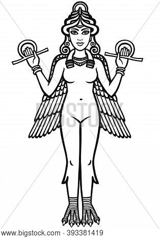 The Stylized Goddess Ishtar. The Black Silhouette Isolated On A White Background.
