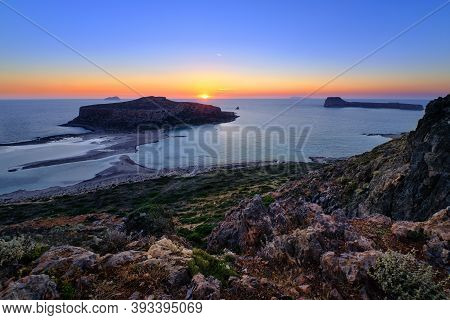 Beautiful Sunset View Of Cape Tigani And Gramvousa Islet From Balos Beach, Crete, Greece.