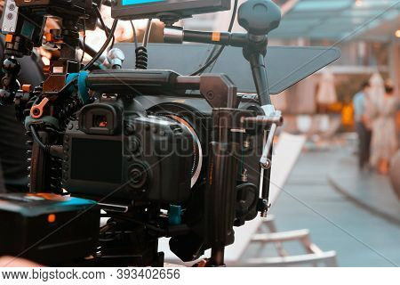 Film Industry. Filming With Professional Camera Background