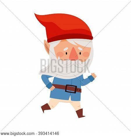 Bearded Gnome Character With Red Pointed Hat Running Vector Illustration