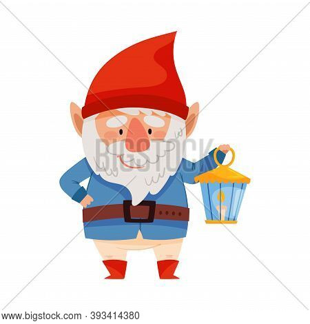 Bearded Gnome Character With Red Pointed Hat Holding Lamp Vector Illustration