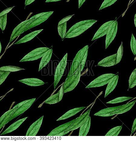 Seamless Pattern Of Green Leaves And Branches.watercolor Botanical Pattern