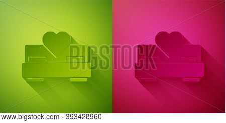 Paper Cut Bedroom Icon Isolated On Green And Pink Background. Wedding, Love, Marriage Symbol. Bedroo
