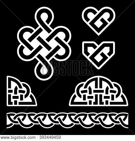 Irish Celtic Braids And Knots Vector Pattern Set, Celtic Hearts Traditional Design Elements Collecti