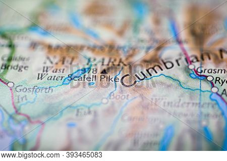 Shallow Depth Of Field Focus On Geographical Map Location Of Mount Scafell Pike In England Europe Co