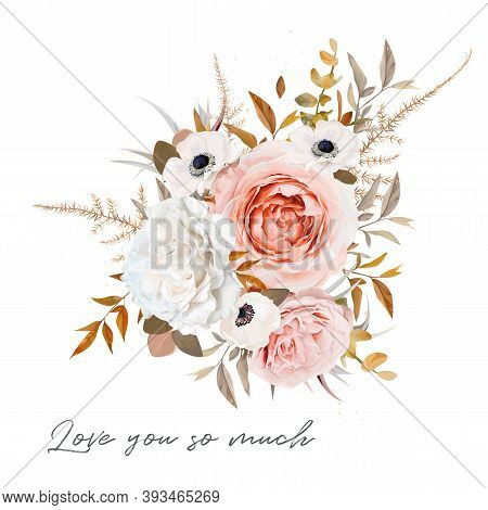 Stylish Vector Floral Bouquet Design. Blush Peach, Pale Pink Rose, Ivory White Anemone Flower, Taupe