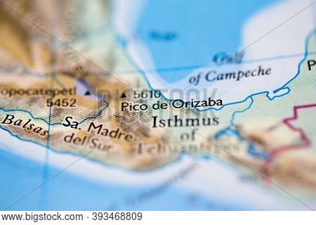 Shallow Depth Of Field Focus On Geographical Map Location Of Mount Pico De Orizaba In Mexico South A