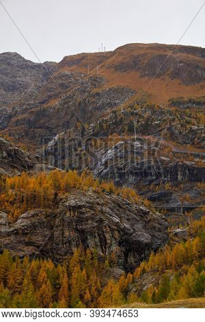 View Of Landscape Furi Mountain In Autumn Season From Cable Car In Zermatt, Swiss