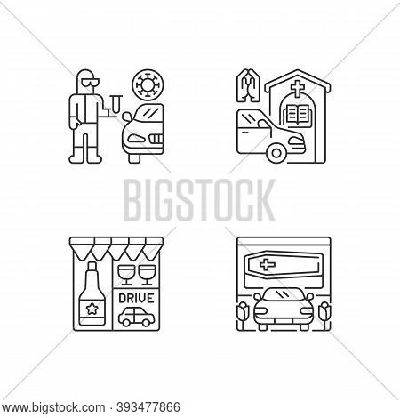 Drive Thru Services Linear Icons Set. Covid Test On Quarantine. Prayer Booth. Drive Through Liquor S