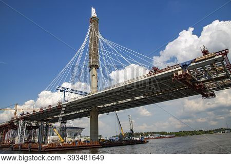 Russia, St.petersburg, July, 2016 - New Standing Obukhovsky Bridge Across The Neva Near Zenit Arena 