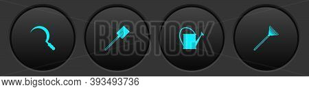 Set Sickle, Garden Shovel, Watering Can And Rake For Leaves Icon. Vector