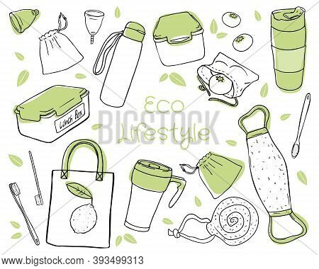 Set Of Hand-drawn Eco-friendly Objects Isolated In White Background. Contour Drawing With Green Acce