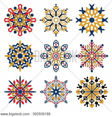 Snowflake Vector Icon Background Set. Winter Christmas Snowflake Crystal Element. Collection Of Snow