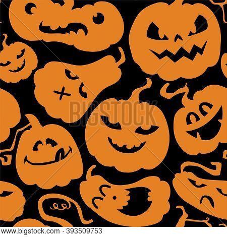 Seamless Halloween Pattern. Orange Pumpkins On A Black Background With Scary And Funny Faces. Scary 