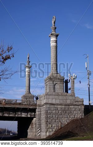 Kiev, Ukraine January 21, 2020: City, Kiev Bridge Over The Dnieper River, Named After Paton, Aging, 