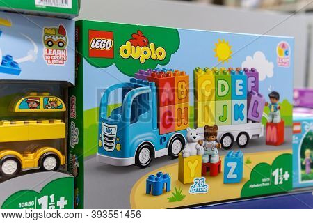 Tyumen, Russia-october 11, 2020: Box Of Lego Duplo. Construction From The Popular Game. On The Shelv