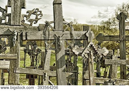 Siauliai, Lithuania - April 30: Pilgrims Visiting Hill Of Crosses (kryziu Kalnas) A Famous Religious