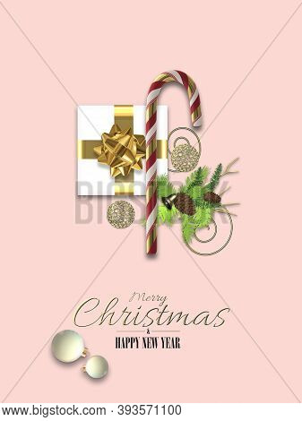 Christmas Pink Background. Xmas Symbols Xam Gift Box, Candy Cane, Fir On Pink Background. Text Merry