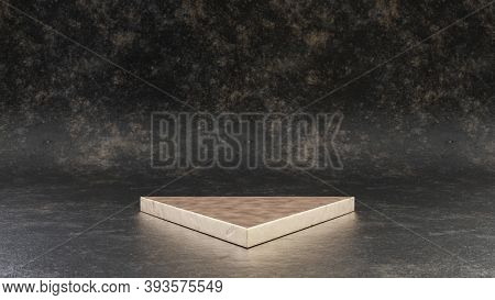 Golden Triangle Podium Isolated On Black Metal Background. 3d Rendered Minimalistic Abstract Backgro