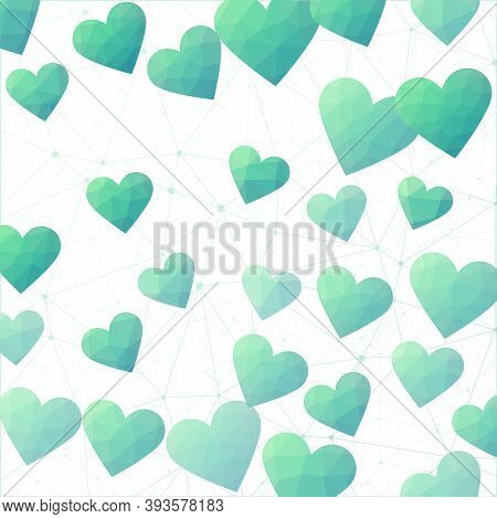 Hearts. Polygonal Hearts In Teal Green Colors. Appealing Digital Design. Beautiful Vector Illustrati