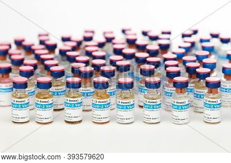 Bottles Of New Sars-cov-2 Vaccine On Table Ready For Application