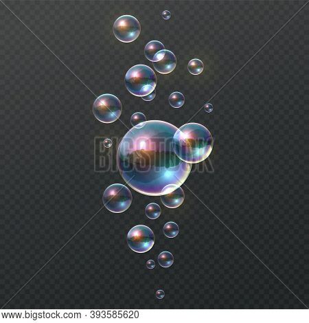 Soap Bubble. Realistic Colorful Shampoo Ball, Iridescent Colorful Cloud Of Big And Little Soapy Roun