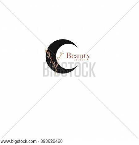Fashion Beauty Moon Logo Template. Minamalism Style Moon Logotype. Elegant Moon Logo With Leaves And