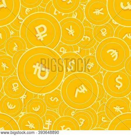 International Currencies Coins Seamless Pattern. Attractive Scattered Global Coins. Big Win Or Succe