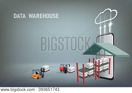Data Warehouse Concept Is Represented By Forklift Truck That Transports Data On Pallet To Cloud Serv