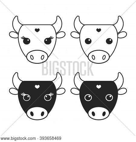 Cow Logo, Black Icon On A White Background. Vector Illustration. Head Of A Bull, A Cow. Cattle, Dair
