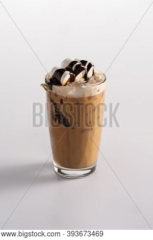 Summer Refreshing Cocktail With Ice. Whipped Milk, Double Black Coffee, Coconut Syrup, Bubble Gum Sy