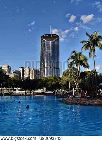 The South Bank Brisbane, Beach In City Centrum With People And Tall Modern Glass Skyscrapers 1 Willi