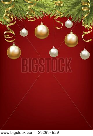 Christmas Fir Tree With Baubles And Golden Serpentine. Christmas Card