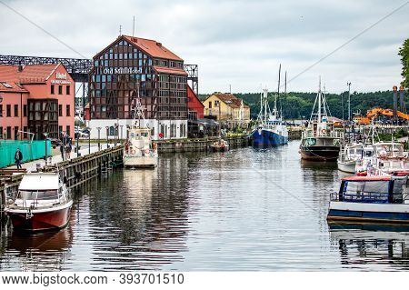 Klaipeda, Lithuania - July 10, 2020: Ships And Boats At Embankment On Dane River In Old Town Of Klai