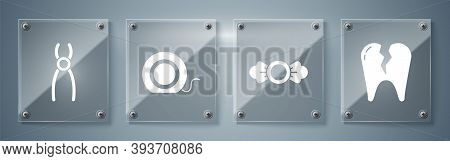 Set Broken Tooth, Candy, Dental Floss And Dental Pliers. Square Glass Panels. Vector