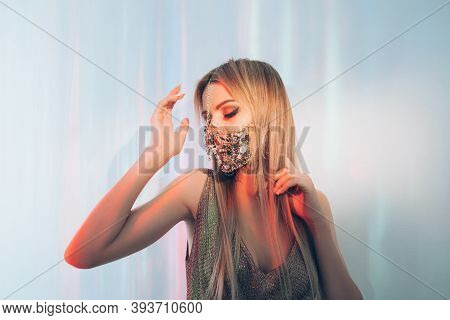 Pandemic Party. Neon Light Portrait. Spiritual Dance. Glamour Woman In Chain Gem Face Mask Matching 